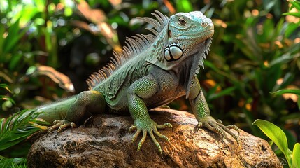 Fototapeta premium Green Iguana Perched Upon A Rock In Lush Foliage