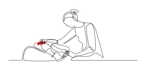 continuous line of a mother checking her sick child.one line drawing of a mother holding the forehead of a child who has a fever.single line vector illustration.isolated white background