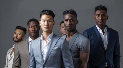 group of six diverse men dressed in sharp, stylish suits poses confidently for a professional group photo. Their strong and confident looks highlight the fashion-forward energy of modern masculinity