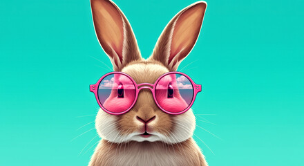 Trendy Rabbit Wearing Pink Sunglasses Against Teal Background: A Playful Stock Image for Creative Projects