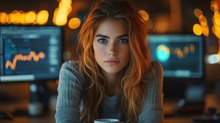 Focused young woman analyzing data in modern office environment