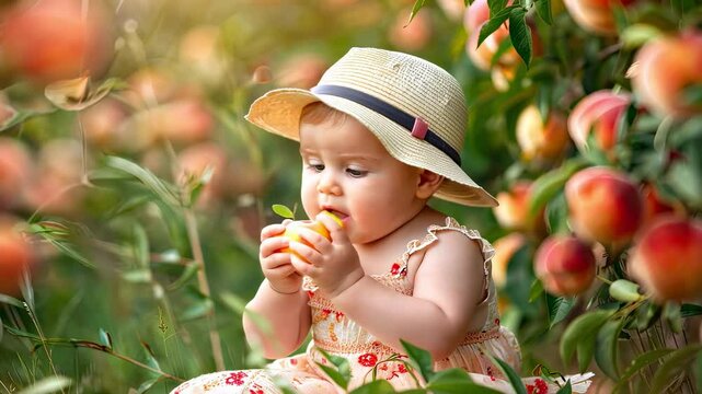 A child eats peaches in the garden