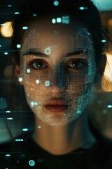 Digital transformation, AI technology, and data analysis represented on womans face with glowing elements symbolizing innovation in the tech industry and cybersecurity.