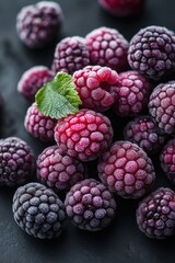 Close-up of frosty blackberries with green leaf on dark background
