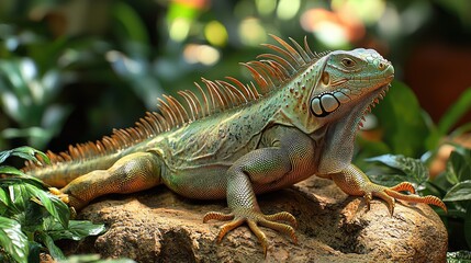 Fototapeta premium Green Iguana Resting On A Rock In Lush Foliage