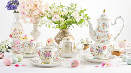 Fototapeta premium Elegant Easter Brunch with Painted Eggs and Traditional Glazed Pastries in Vintage Floral Porcelain. Easter concept