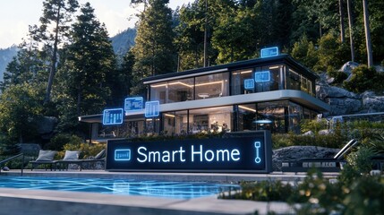 Naklejka premium Modern Smart Home with Advanced Technology and Automated Features Surrounded by Nature and Scenic Landscape