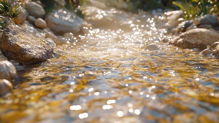Fototapeta premium Sunny stream flows over rocks, plants blur background, nature scene