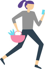 Young woman with purple hair is running, holding a pink shopping basket with groceries and a smartphone, representing modern shopping habits and busy lifestyle