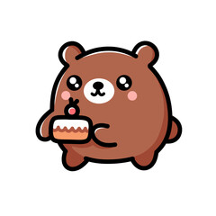 Cute Cartoon Bear Holding a Small Cake With a Cherry on Top