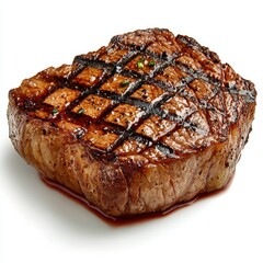 Juicy Grilled Steak with Beautiful Grill Marks and Dripping Juices on White Background