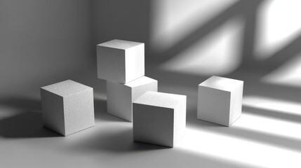 A futuristic gray background with D geometric cubes and light-shadow interactions
