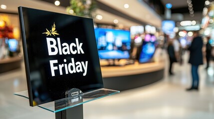 Black Friday Sale Sign in Retail Store with Modern Electronics Displaying Home Appliances and Technology Products