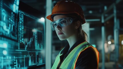 Engineer analyzing digital data and statistics on a screen while wearing a hard hat and safety goggles in a modern industrial work environment.
