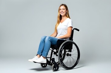 Obraz premium Blonde young happy woman with disability smiling in wheelchair on light grey background. Concept of mobility and disabled problem