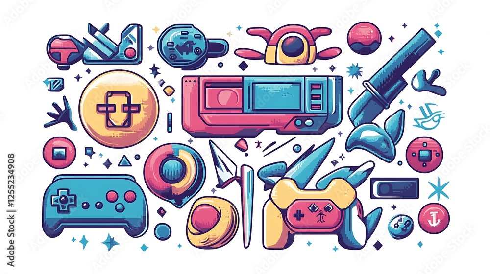 Poster Assorted retro futuristic game and tech icons