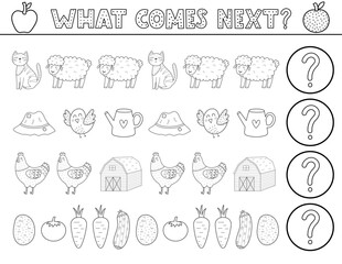 What comes next activity page for kids with cute farm characters. Complete the pattern black and white puzzle. Logical game in outline for school and preschool. Vector illustration