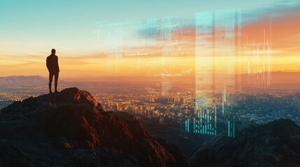 Explorer standing on mountain peak overlooking city skyline at sunset with digital data overlay representing future technology and innovation in urban landscapes.