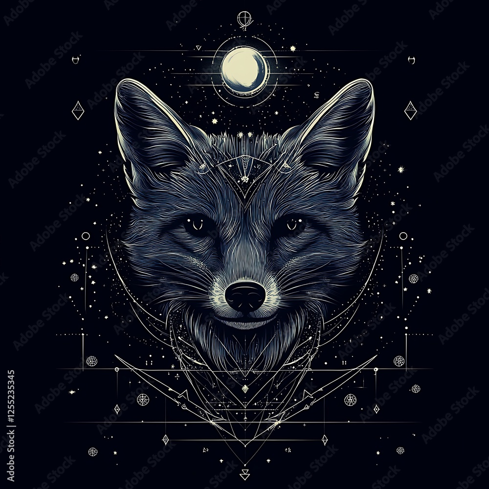 Poster Mystical fox head, cosmic design, digital art, print design, possible use in apparel design