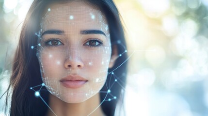 Face recognition technology applied to a young womans portrait, highlighting digital overlay for biometric identification and artificial intelligence concepts.