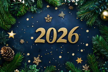 Festive New Year 2026 greeting card design with evergreen branches and stylish typography on a dark holiday background.
