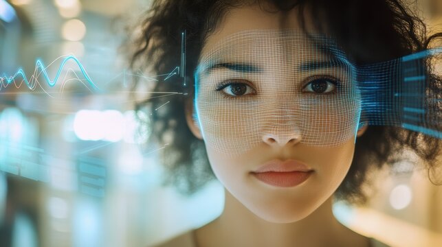 Face recognition technology integrated with digital data analytics in finance, emphasizing innovation and the impact on future economic strategies and trends. - Powered by Adobe
