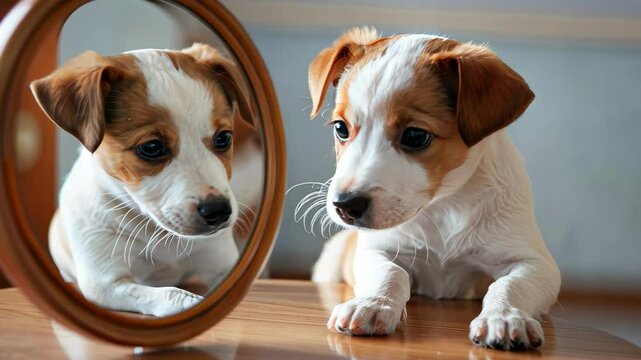 a small dog looks in the mirror. selective focus