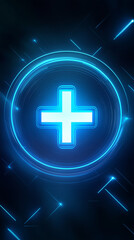 Neon blue medical cross in a glowing circle on a dark background symbolizing digital healthcare and futuristic medical services