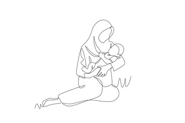 Muslim mother cradles her baby. Mother's day concept one-line drawing