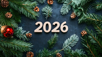 christmas tree branches and decorations, New Year 2026