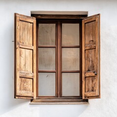 Obraz premium Open wooden shutters, old window, white wall, sunny day, home decor