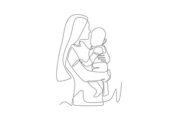 Child kisses her baby. Mother's day concept one-line drawing