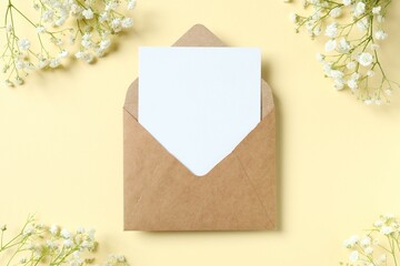 Top view photo with gypsophila flowers and paper envelope on color background 
