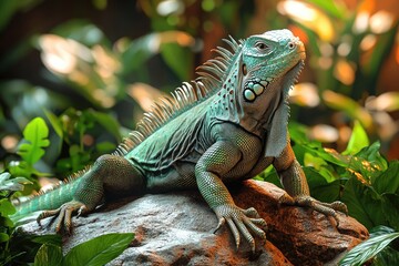 Fototapeta premium Green Iguana Reptile Resting On Rock Surrounded By Lush Greenery