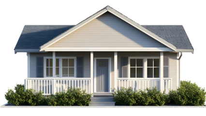 A simple small house with a front porch and gabled roof, Isolated on white background.