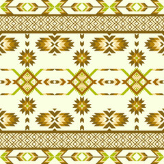 features a symmetrical tribal pattern in brown, green, and white, incorporating geometric shapes like diamonds, crosses, and zigzags, inspired by traditional ethnic textile designs. Native american
