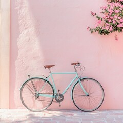 Bicycle parked beside a pink wall adorned with blooming flowers in a charming urban setting