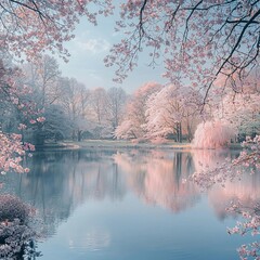 Serene spring landscape with cherry blossoms reflecting on calm lake water in a tranquil park setting