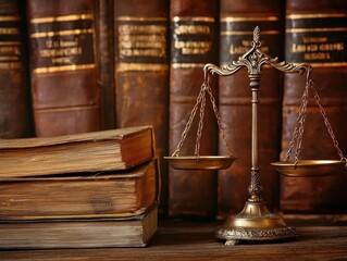 Antique scales of justice beside old law books in a dimly lit library setting