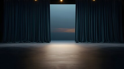 Dramatic Lighting on an Empty Stage with Velvet Curtains in a Theatrical Setting at Sunset