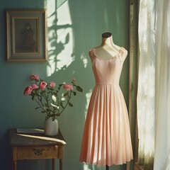 Elegant pink dress displayed near a sunny window with fresh roses in a vintage setting