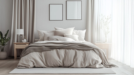 Fototapeta premium cozy bedroom in an apartment, featuring a modern design and a soothing color palette. The room includes a comfortable bed with plush pillows and a soft duvet in muted tones like soft greys and beiges