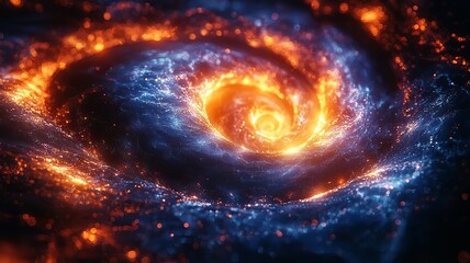 Obraz premium Vibrant swirling galaxy with fiery orange and deep blue hues, capturing the beauty of cosmic motion and the mysteries of the universe.