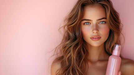 Fototapeta premium Gorgeous female model holding a skincare product in a minimalist beauty ad concept. Banner with copy space.