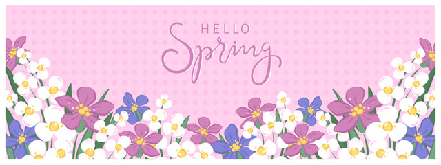 Spring background with hand drawn flowers. Floral template design for holiday card, poster,  poster, cover, sale, Mother's Day, Easter, Birthday. 
Vector illustration 