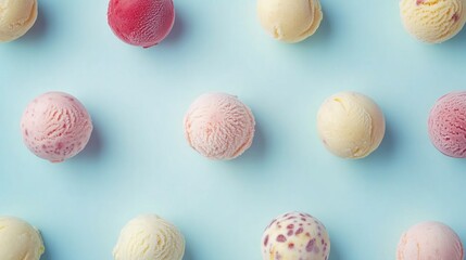 Colorful ice cream scoops on blue background, food photography for recipe blogs or dessert menus