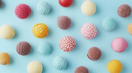 Fototapeta premium Colorful ice cream scoops on blue background, flat lay