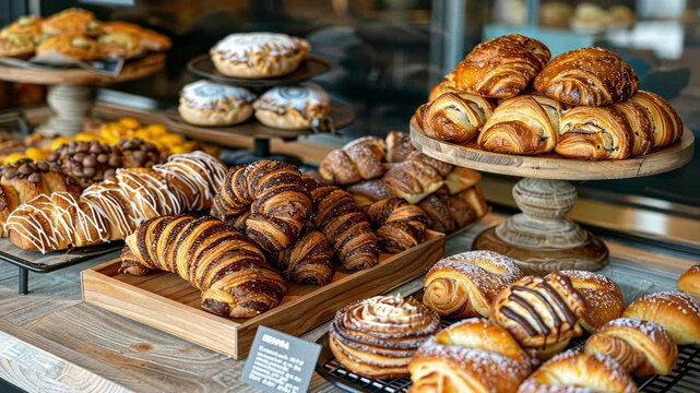 Assortment of delicious pastries and breads on a tray for sale in a bakery.