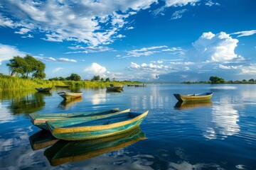 Obraz premium Boats Drifting on a Peaceful River Under a Vivid Blue Sky With Scattered Clouds