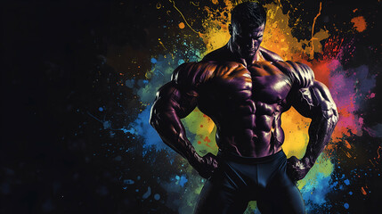 Muscular athlete posing with bright abstract paint splash on black background ideal for fitness posters and gym promotions